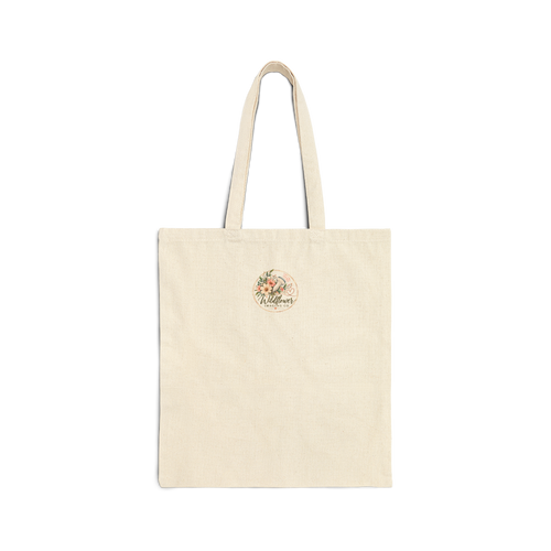Back view of natural canvas tote with Wildflower Imaging Co. logo